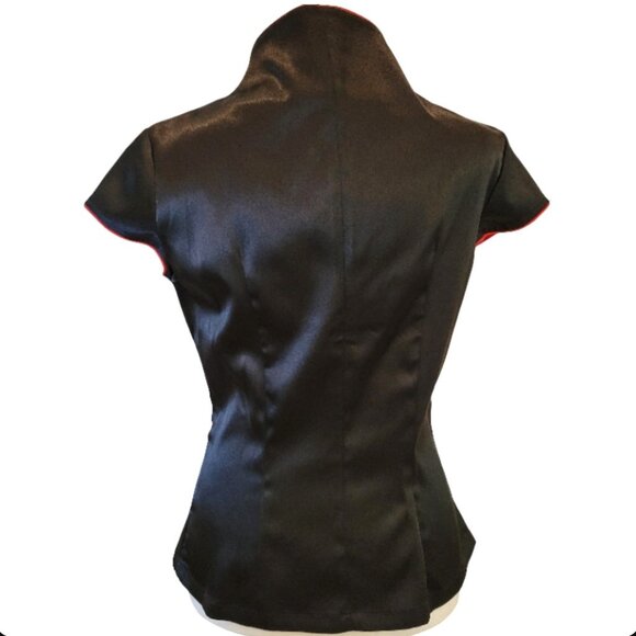 Elegant Black & Red Satin Qipao Top | Mandarin Collar | Asian Embroidered Symbol - Picture 2 of 11